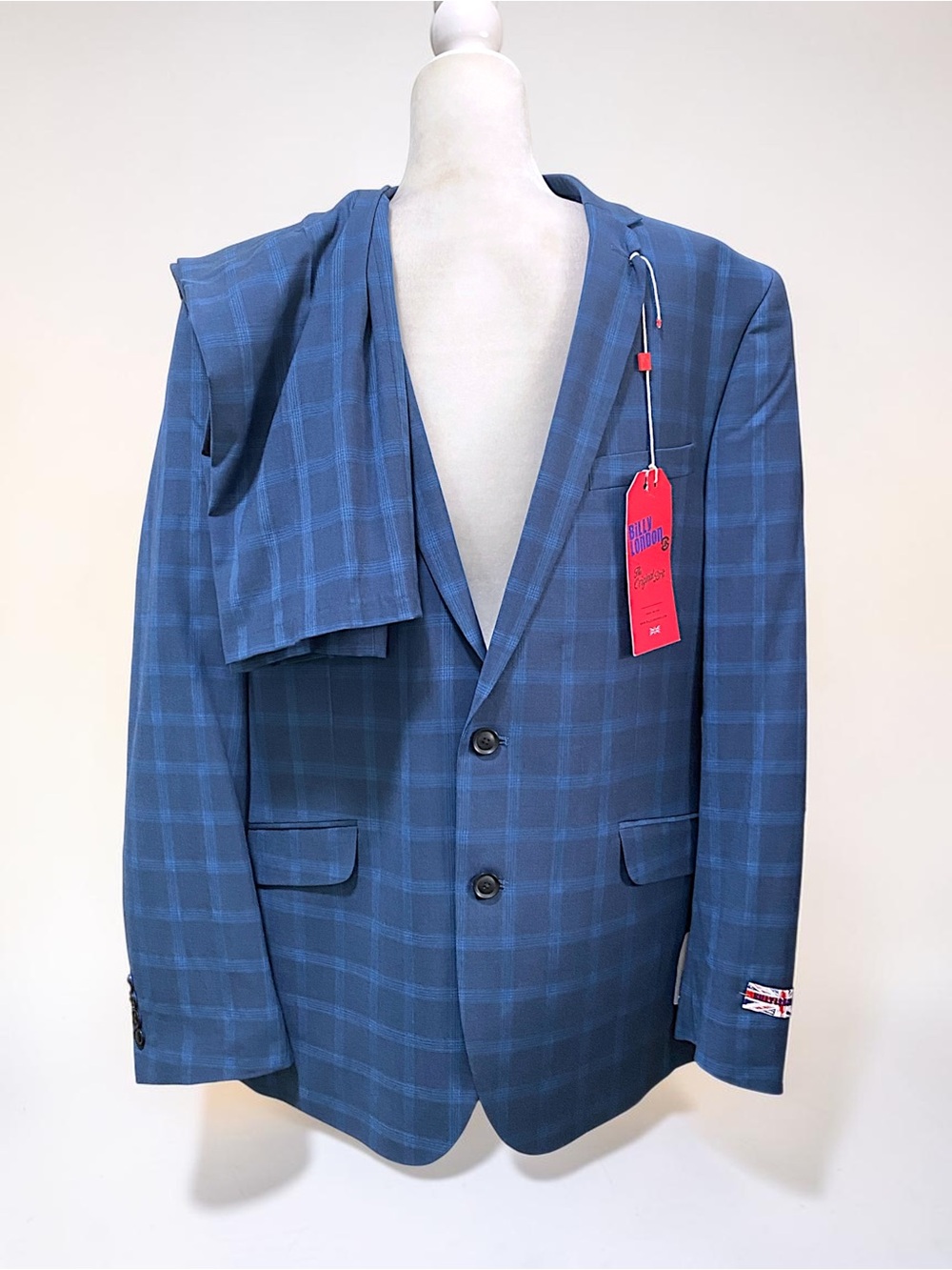 2PCS Billy London Men’s Suit Pants+Jacket Blue Plaid Sz 43L x 37W NWT